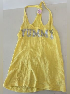 PINK Victoria's Secret Yellow Foil 'TUMMY' Graphic Tank